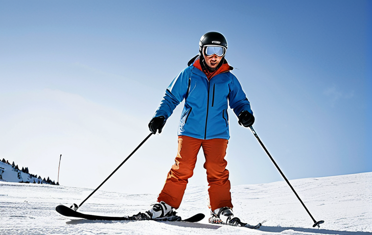 ** A beginner skier struggling with long, stiff skis that are too advanced for their skill level. They look frustrated and unsteady on the snow. **Keywords:** beginner skier, oversized skis, struggling, frustration, learning curve, snow.
**