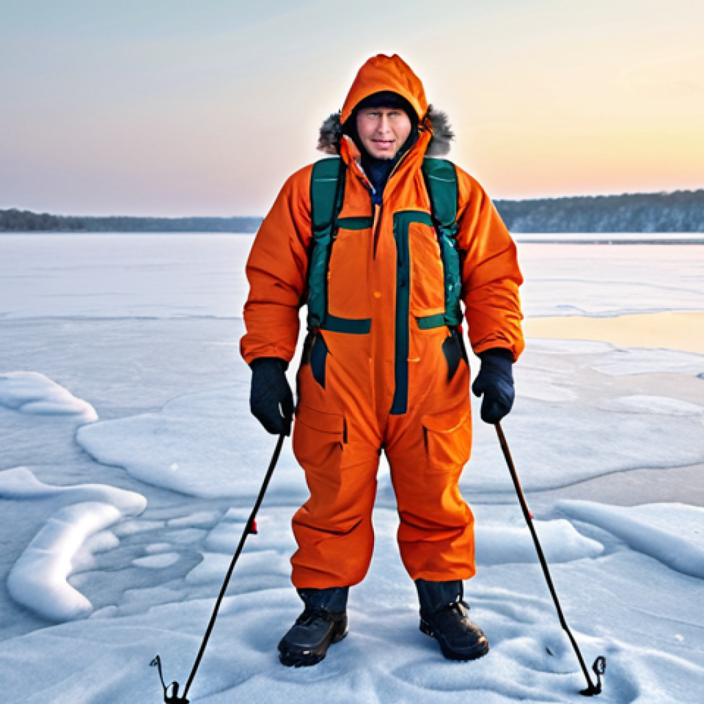 **A fisherman in a one-piece winter fishing suit, standing on a frozen lake, holding a fishing rod. The suit is brightly colored and the scene shows a snowy, cold winter day.** (Focus on the warmth and protection of the suit in a harsh winter environment.)