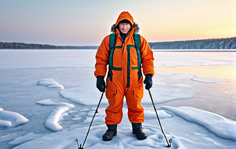 **A fisherman in a one-piece winter fishing suit, standing on a frozen lake, holding a fishing rod. The suit is brightly colored and the scene shows a snowy, cold winter day.** (Focus on the warmth and protection of the suit in a harsh winter environment.)