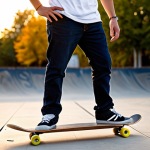 A professional skateboarder in modest, comfortable skate attire, standing naturally with a classic maple wood skateboard deck in a vibrant urban skatepark setting. The skateboard deck clearly showcases the natural wood grain and its solid, reliable construction. The scene is bathed in warm, golden hour lighting, with a slightly blurred background to emphasize the subject. The image is a high-resolution, professional photograph, focusing on perfect anatomy, correct proportions, and a natural pose. Well-formed hands and proper finger count are visible. This image is safe for work, appropriate content, fully clothed, and family-friendly.