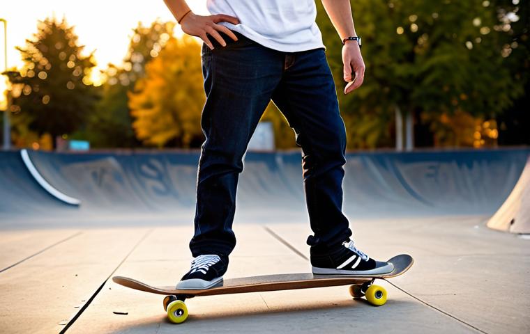 A professional skateboarder in modest, comfortable skate attire, standing naturally with a classic maple wood skateboard deck in a vibrant urban skatepark setting. The skateboard deck clearly showcases the natural wood grain and its solid, reliable construction. The scene is bathed in warm, golden hour lighting, with a slightly blurred background to emphasize the subject. The image is a high-resolution, professional photograph, focusing on perfect anatomy, correct proportions, and a natural pose. Well-formed hands and proper finger count are visible. This image is safe for work, appropriate content, fully clothed, and family-friendly.