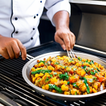 प्रोफ़ेशनल शेफ़ द्वारा बनाई गई स्वादिष्ट डिश

**प्रॉम्प्ट:** A professional chef skillfully prepares a delicious dish on a stainless steel gas grill. Perfect focus, high quality image, well-lit, mouthwatering BBQ.

###