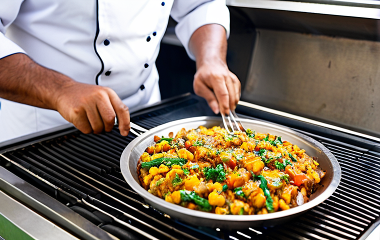प्रोफ़ेशनल शेफ़ द्वारा बनाई गई स्वादिष्ट डिश

**प्रॉम्प्ट:** A professional chef skillfully prepares a delicious dish on a stainless steel gas grill. Perfect focus, high quality image, well-lit, mouthwatering BBQ.

###