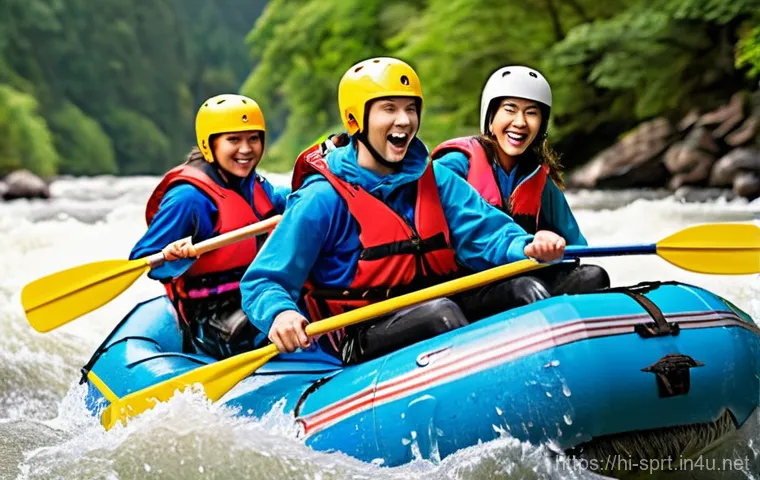 해상 스포츠용 방수 백팩 - **Prompt 1: River Rafting Adventure with Secure Gear**
    "A group of diverse young adults, around ...