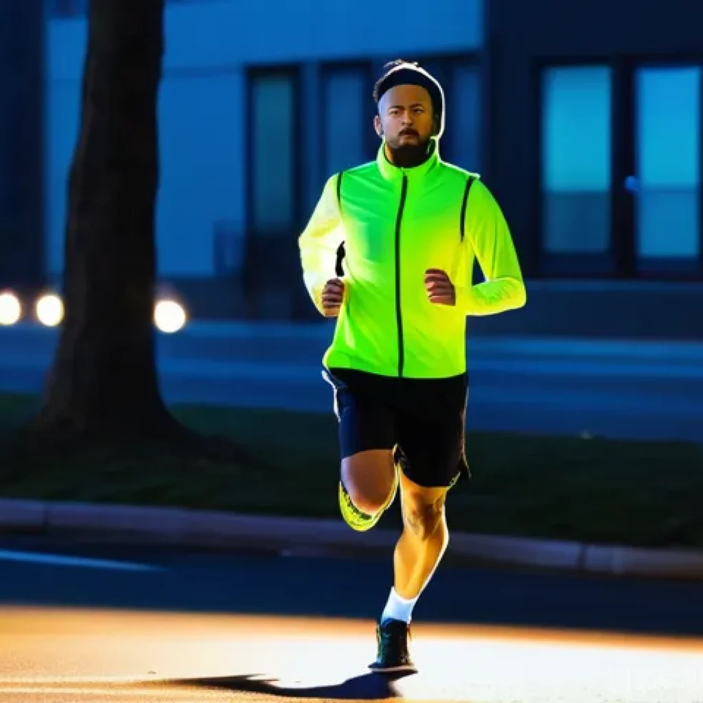 조깅용 반사 조끼 추천 - **"A confident male or female jogger in their late 20s to early 30s, mid-stride on a slightly damp, ...