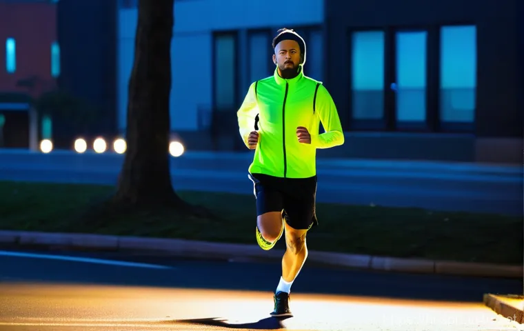 조깅용 반사 조끼 추천 - **"A confident male or female jogger in their late 20s to early 30s, mid-stride on a slightly damp, ...