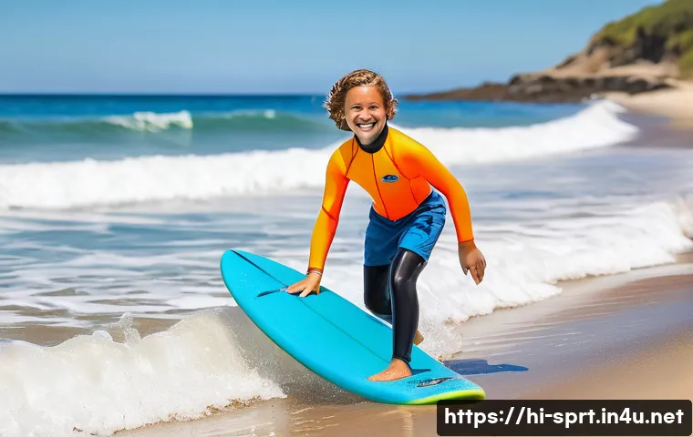 서핑보드 종류와 선택법 - **Prompt: Joyful Beginner on a Soft-Top Surfboard**
    A young teenager (approximately 13-15 years ...