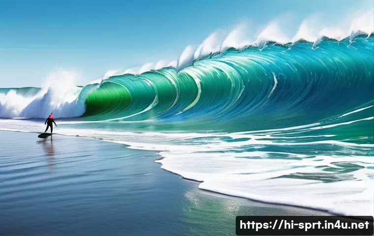 서핑 파도 분석 장비 추천 - A detailed coastal scene showing a surfer wearing a wetsuit and safety gear, carefully analyzing wav...