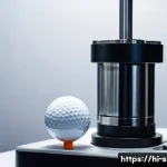 Home 21 골프 공 압축도 테스트 - A detailed close-up image of a golf ball compression testing machine in action, showing a modern mec...