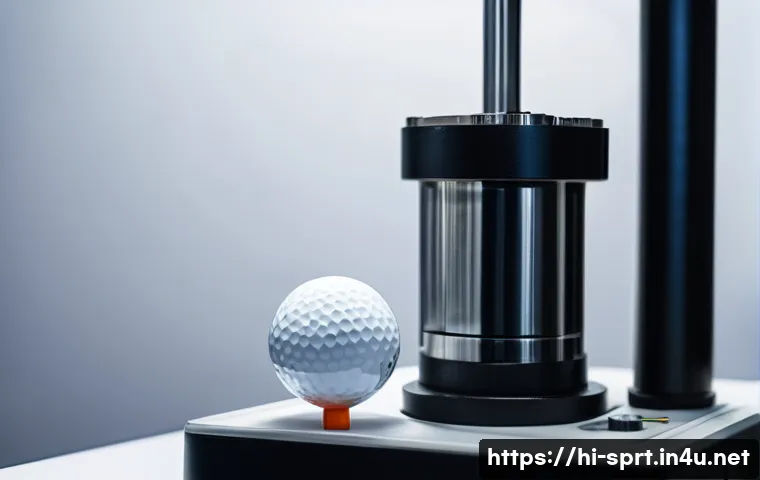 골프 공 압축도 테스트 - A detailed close-up image of a golf ball compression testing machine in action, showing a modern mec...
