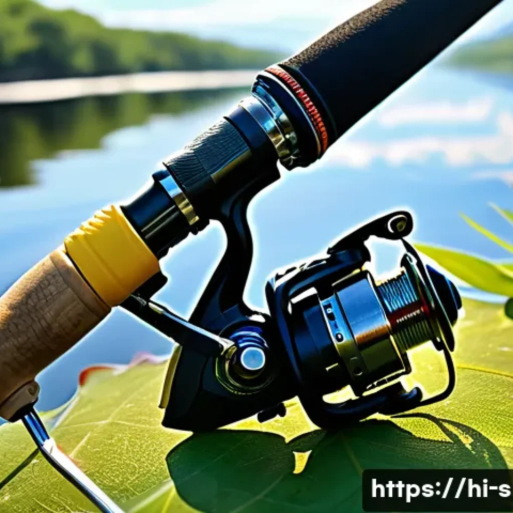 전문 낚시꾼을 위한 필수 장비 - A detailed close-up of a carbon fiber fishing rod and spinning reel setup on a sunny riverside, feat...