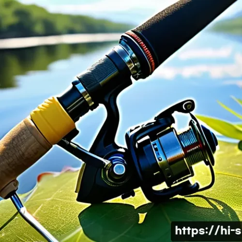 Home 32 전문 낚시꾼을 위한 필수 장비 - A detailed close-up of a carbon fiber fishing rod and spinning reel setup on a sunny riverside, feat...
