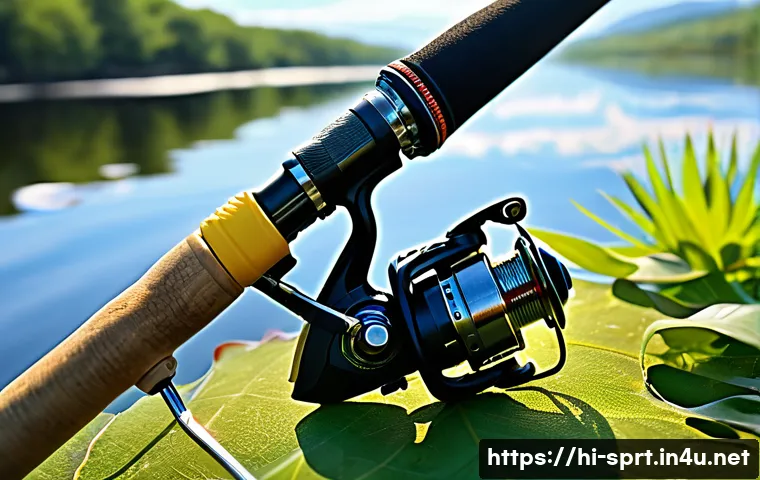 전문 낚시꾼을 위한 필수 장비 - A detailed close-up of a carbon fiber fishing rod and spinning reel setup on a sunny riverside, feat...