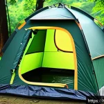 Home 19 캠핑용 샤워 텐트 추천 - A durable and waterproof shower tent pitched in a lush green forest during monsoon season, made from...