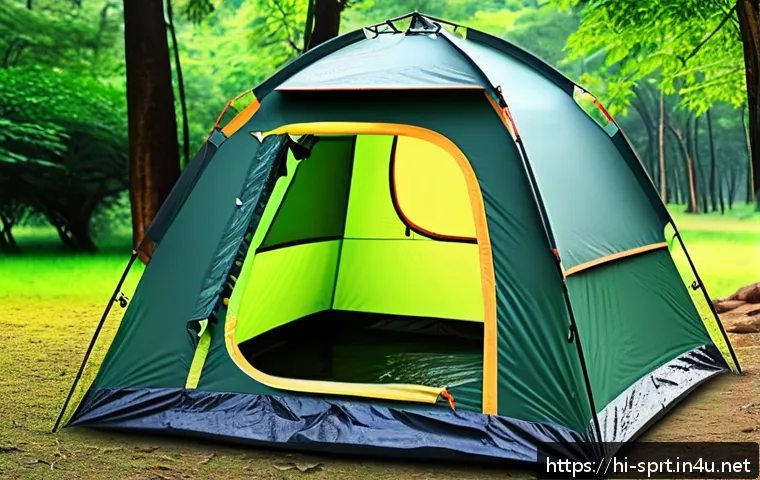 캠핑용 샤워 텐트 추천 - A durable and waterproof shower tent pitched in a lush green forest during monsoon season, made from...