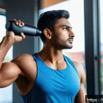 Home 18 스포츠 전용 마사지건 리뷰 - A detailed scene of a young Indian man in his 20s wearing athletic workout clothes using a handheld ...