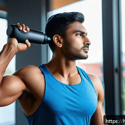 Home 30 스포츠 전용 마사지건 리뷰 - A detailed scene of a young Indian man in his 20s wearing athletic workout clothes using a handheld ...
