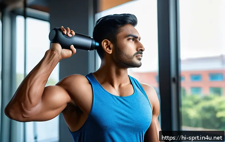 스포츠 전용 마사지건 리뷰 - A detailed scene of a young Indian man in his 20s wearing athletic workout clothes using a handheld ...