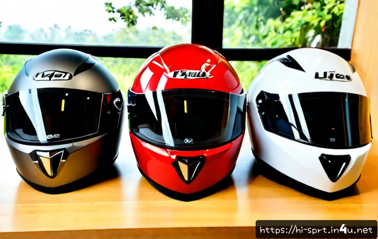 Home 17 가성비 좋은 헬멧 추천 - Photorealistic motorcycle helmet value comparison on a clean wooden showroom counter, three affordab...