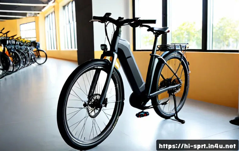 Home 17 전기 자전거 구매 가이드 - Photorealistic electric bicycle buying guide scene, a sleek commuter e-bike displayed in profile bes...