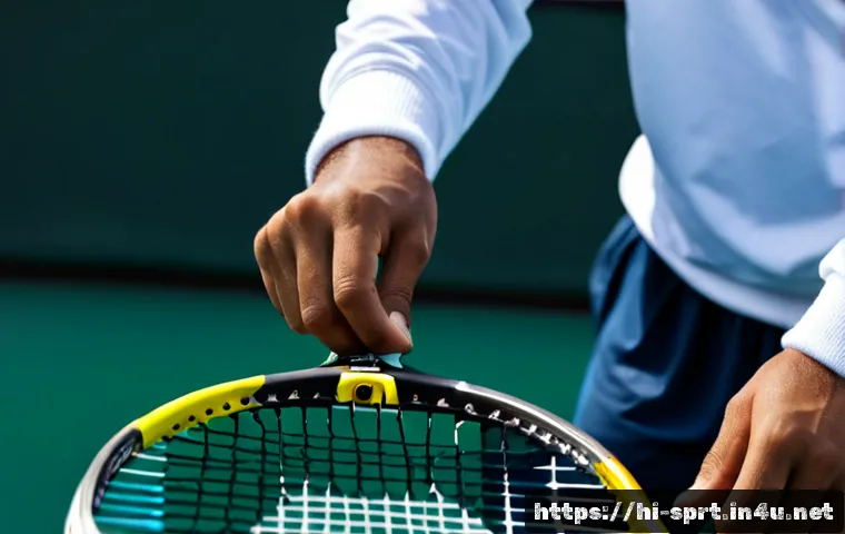 테니스 라켓 텐션 조정 가이드 - Photorealistic close-up of a professional tennis stringing machine in a bright modern sports worksho...